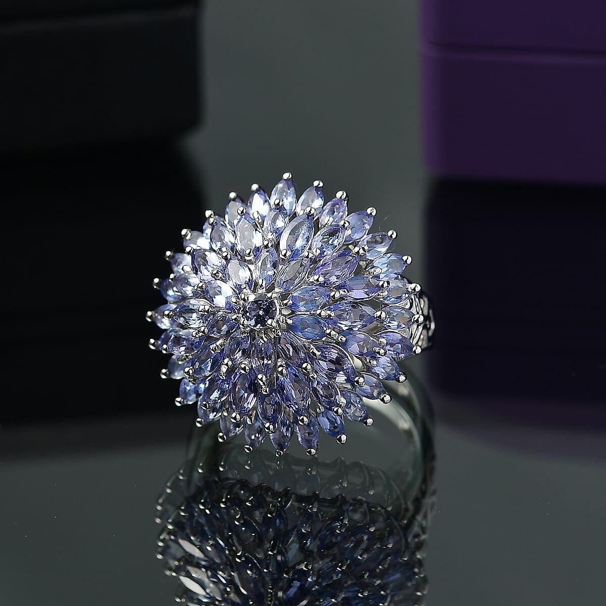 D'Joy Tanzanite 5.60 ctw Chrysanthemum Flower Ring in Rhodium Over Sterling Silver (Size 10.0) image number 1