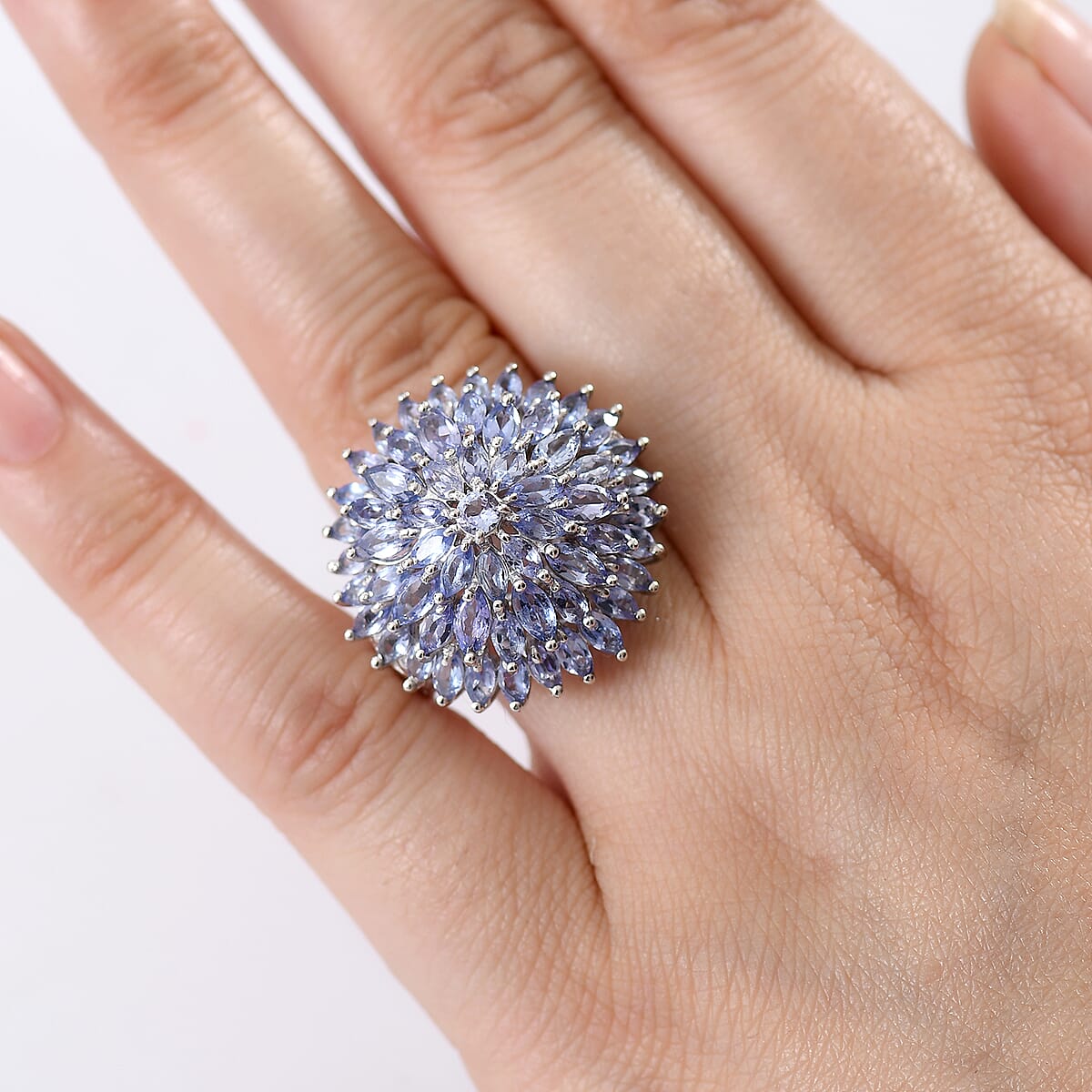 D'Joy Tanzanite 5.60 ctw Chrysanthemum Flower Ring in Rhodium Over Sterling Silver (Size 10.0) image number 2