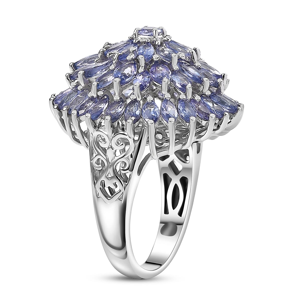 D'Joy Tanzanite 5.60 ctw Chrysanthemum Flower Ring in Rhodium Over Sterling Silver (Size 10.0) image number 3