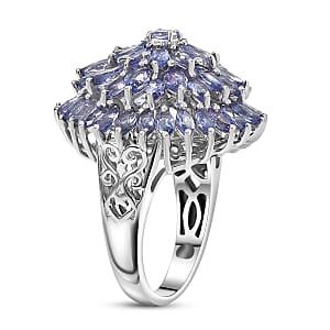D'Joy Tanzanite Chrysanthemum Flower Ring in Rhodium Over Sterling Silver 5.60 ctw (Size 8.0)