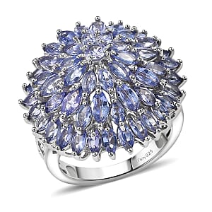 D'Joy Tanzanite 5.60 ctw Chrysanthemum Flower Ring in Rhodium Over Sterling Silver (Size 9.0)