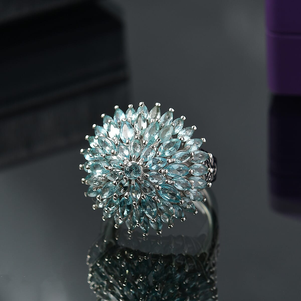 D'Joy Lagoon Apatite 5.85 ctw Chrysanthemum Flower Ring in Rhodium Over Sterling Silver (Size 10.0) image number 1