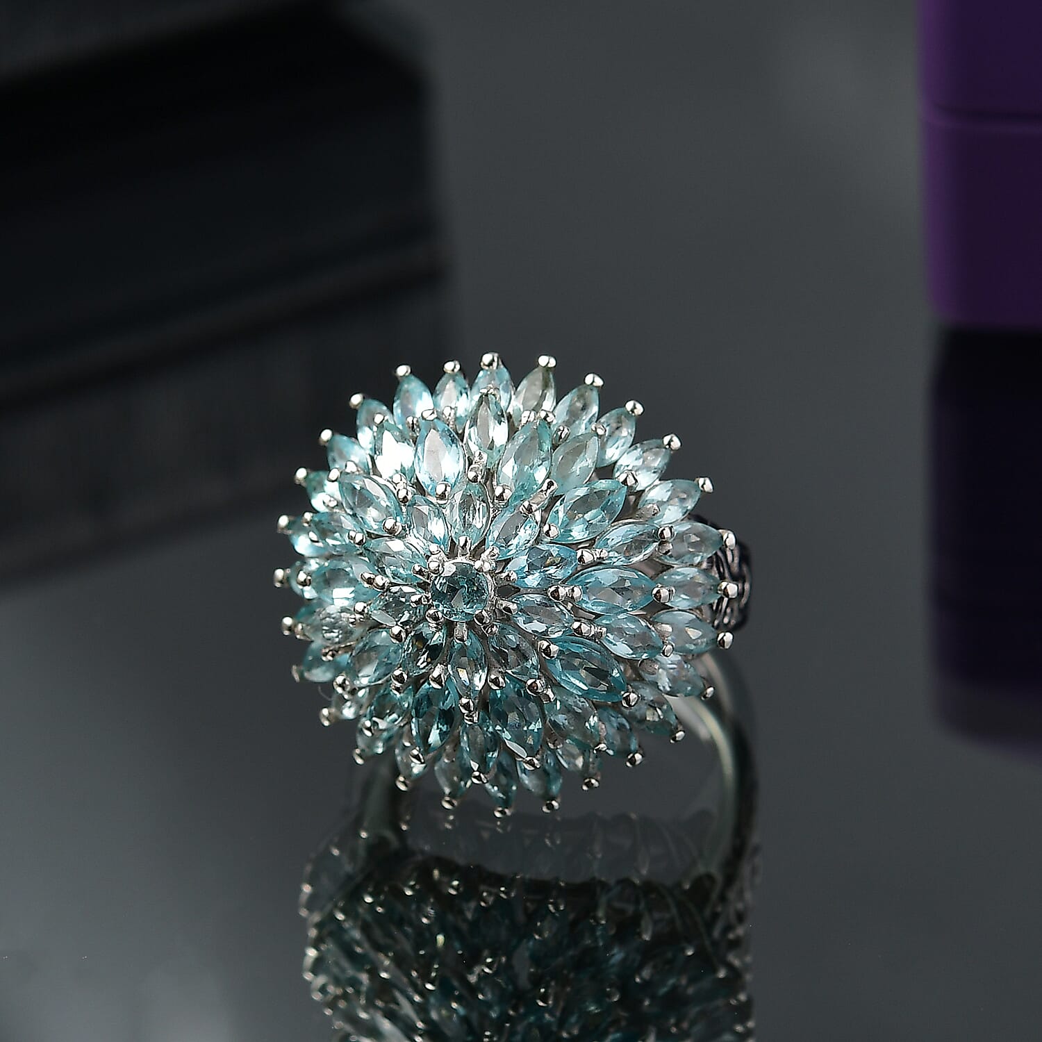 D'Joy Lagoon Apatite 5.85 ctw Chrysanthemum Flower Ring in Rhodium Over Sterling Silver (Size 6.0)