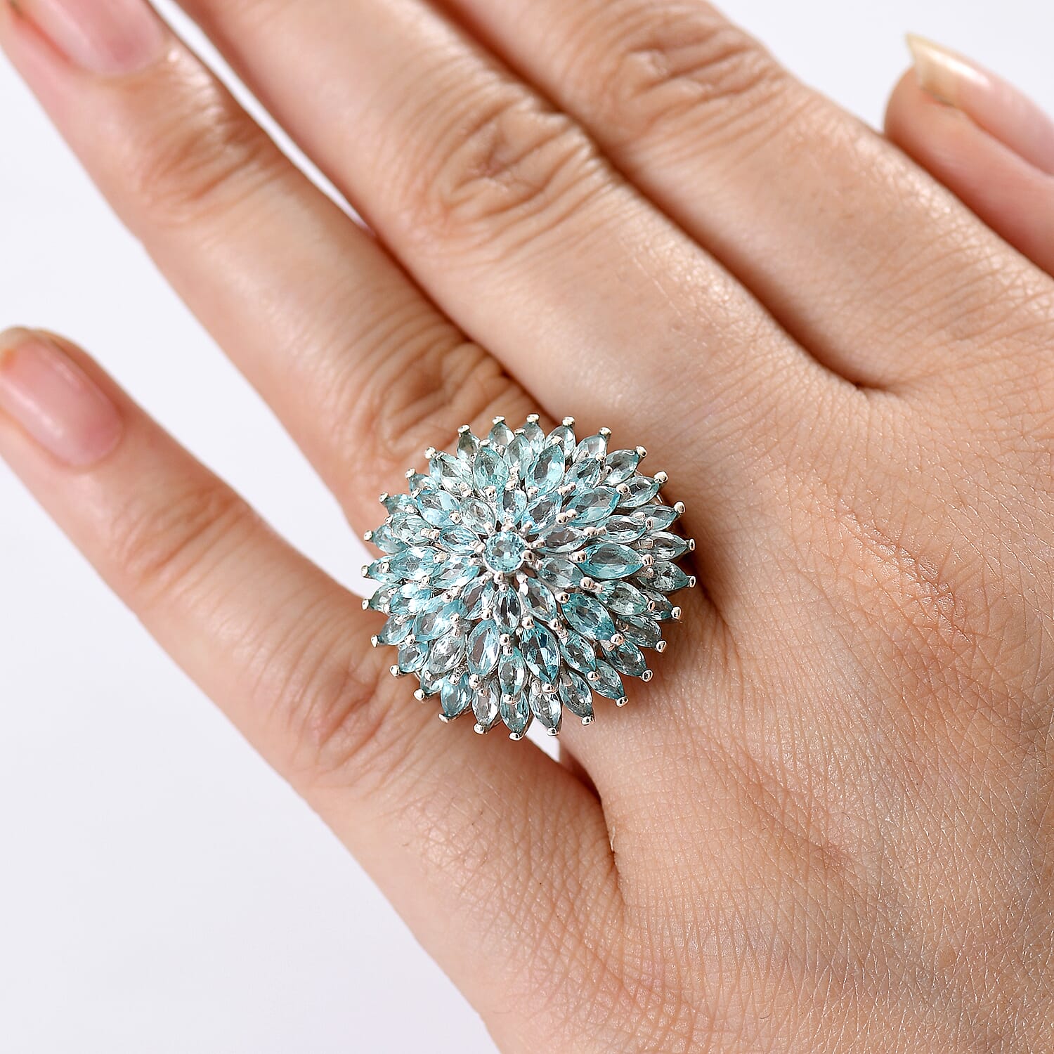 D'Joy Lagoon Apatite 5.85 ctw Chrysanthemum Flower Ring in Rhodium Over Sterling Silver (Size 6.0)