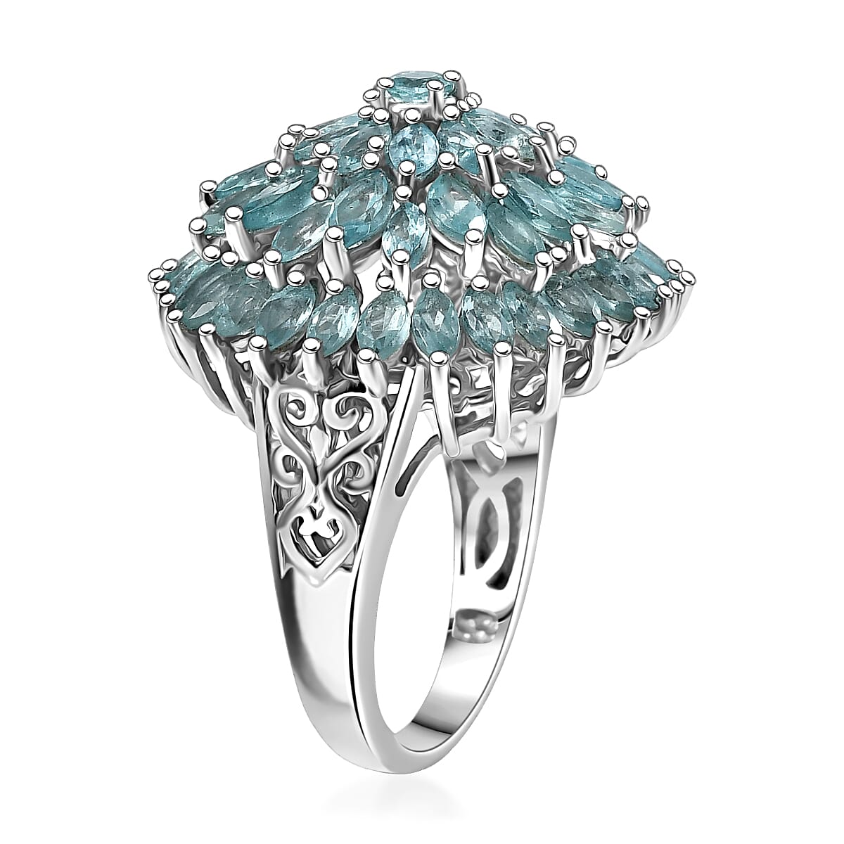 D'Joy Lagoon Apatite 5.85 ctw Chrysanthemum Flower Ring in Rhodium Over Sterling Silver (Size 6.0)
