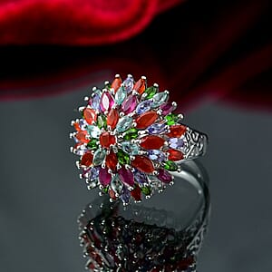 D'Joy Multi Gemstone 5.35 ctw Chrysanthemum Flower Ring in Rhodium Over Sterling Silver (Size 10.0)