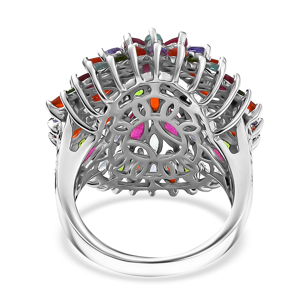 D'Joy Multi Gemstone 5.35 ctw Chrysanthemum Flower Ring in Rhodium Over Sterling Silver (Size 7.0) image number 4