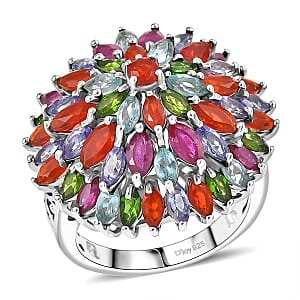 D'Joy Multi Gemstone 5.35 ctw Chrysanthemum Flower Ring in Rhodium Over Sterling Silver (Size 9.0)