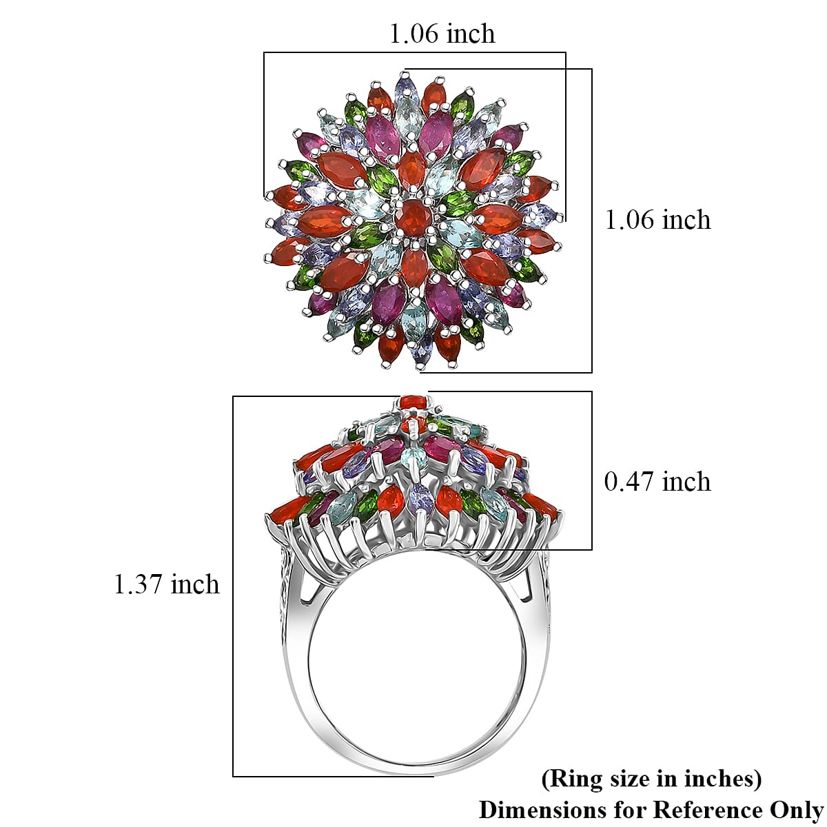 D'Joy Multi Gemstone 5.35 ctw Chrysanthemum Flower Ring in Rhodium Over Sterling Silver (Size 9.0) image number 5