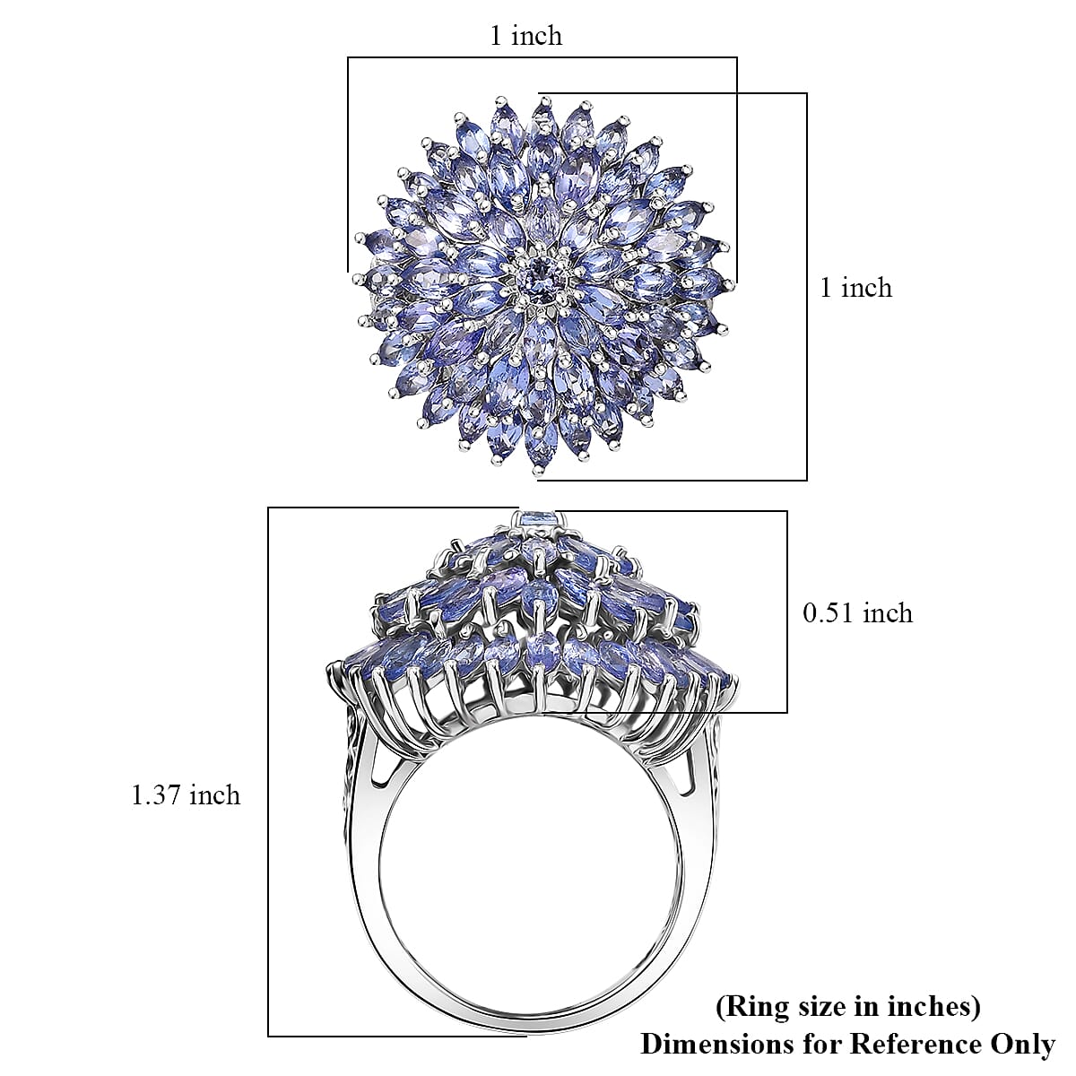 D'Joy Tanzanite 5.60 ctw Chrysanthemum Flower Ring in Rhodium Over Sterling Silver (Size 5.0) image number 5