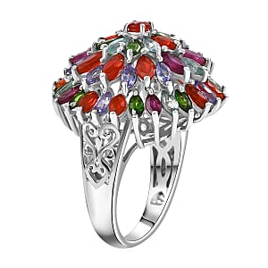 D'Joy Multi Gemstone 5.35 ctw Chrysanthemum Flower Ring in Rhodium Over Sterling Silver (Size 5.0)