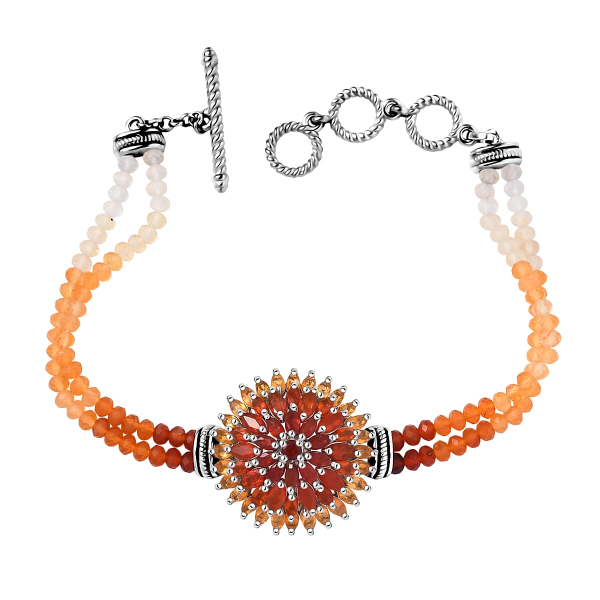 D'Joy Shades of Fire Opal 19.20 ctw Chrysanthemum Flower Bracelet in Rhodium Over Sterling Silver (6.50-8.0In) image number 0