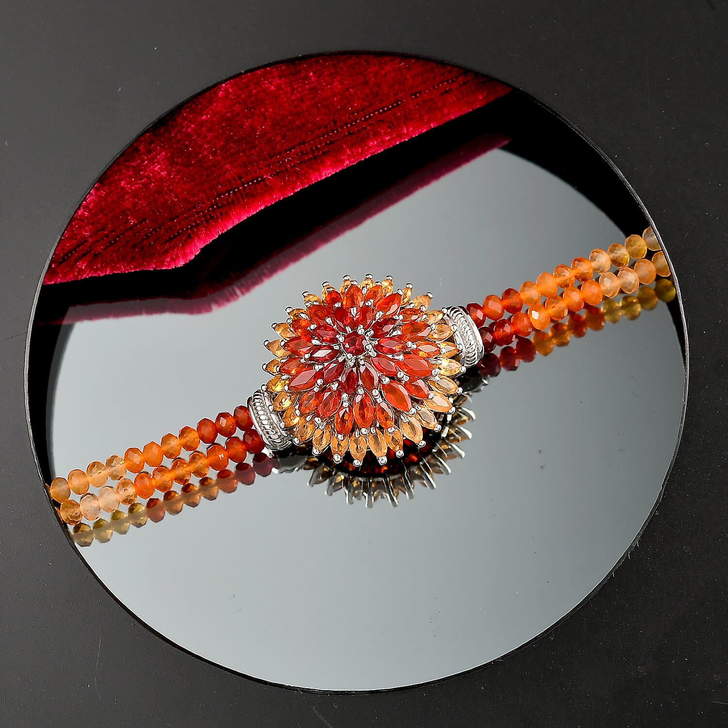 D'Joy Shades of Fire Opal 19.20 ctw Chrysanthemum Flower Bracelet in Rhodium Over Sterling Silver (6.50-8.0In)