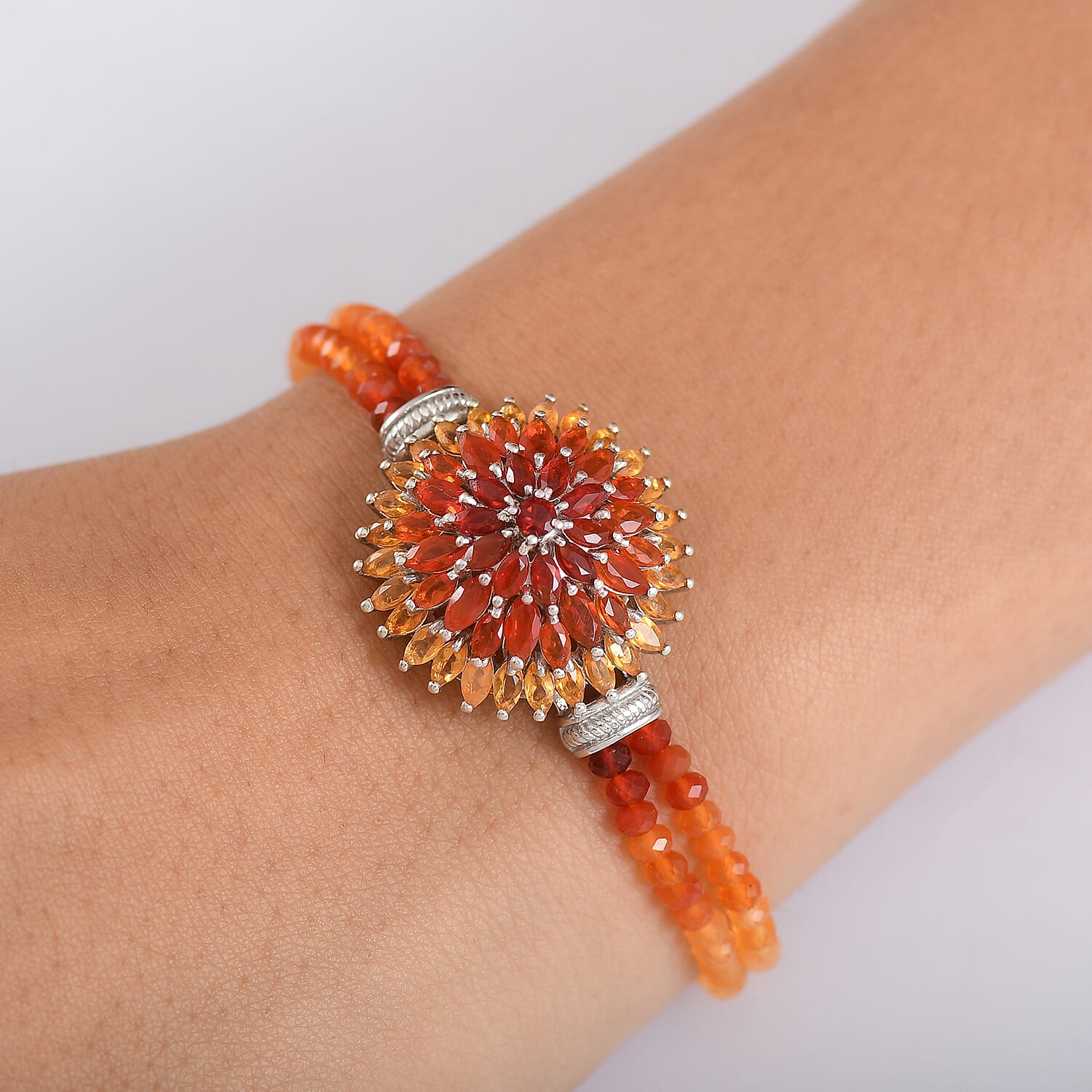 D'Joy Shades of Fire Opal 19.20 ctw Chrysanthemum Flower Bracelet in Rhodium Over Sterling Silver (6.50-8.0In)
