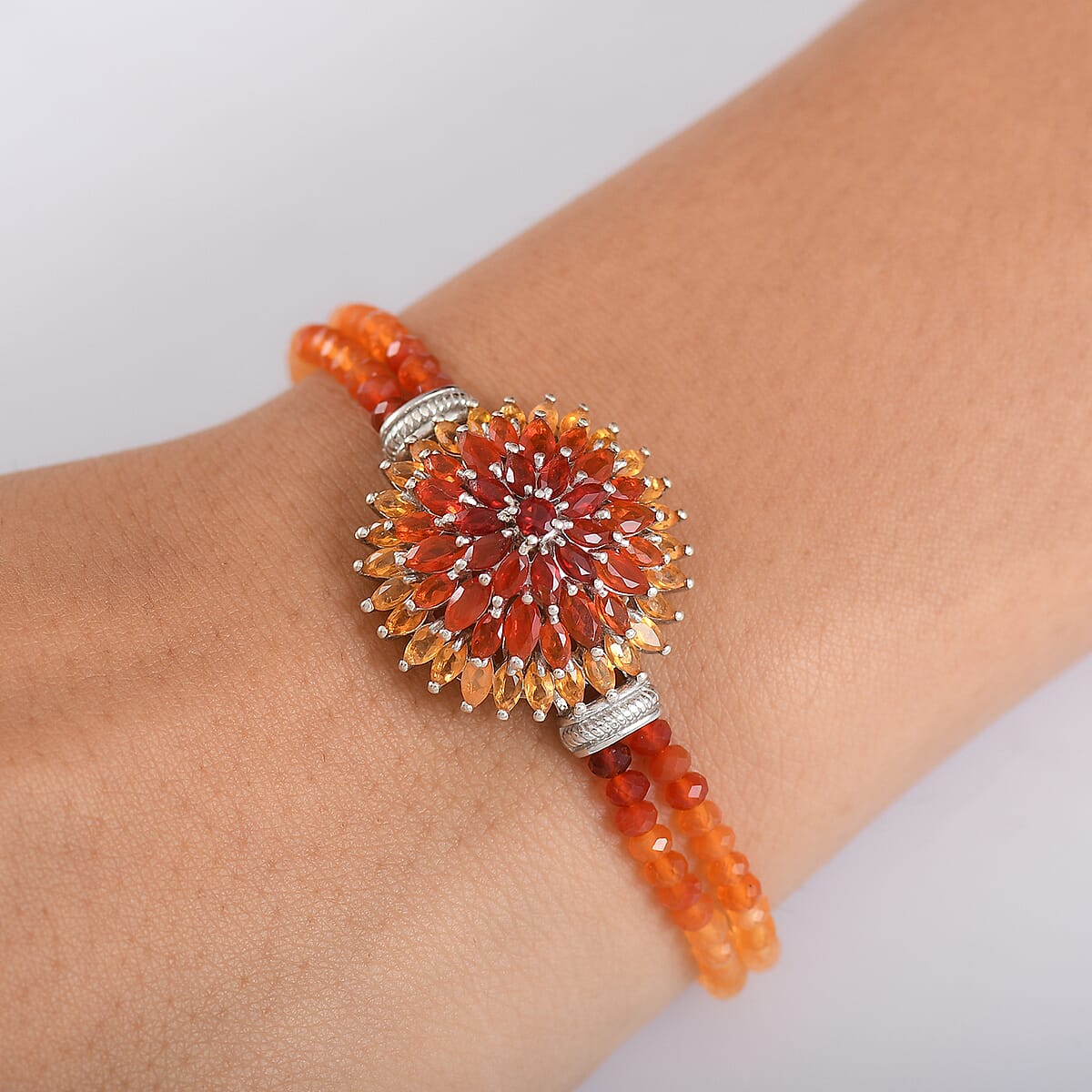 D'Joy Shades of Fire Opal 19.20 ctw Chrysanthemum Flower Bracelet in Rhodium Over Sterling Silver (6.50-8.0In) image number 2