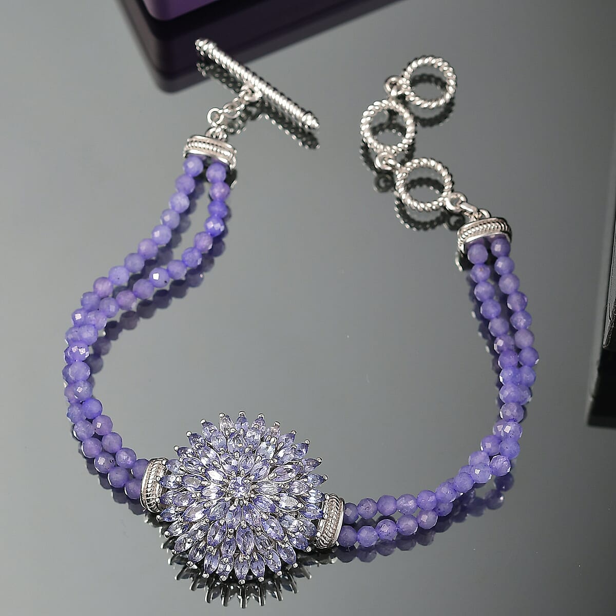 D'Joy Tanzanite 24.20 ctw Chrysanthemum Flower Bracelet in Rhodium Over Sterling Silver (6.50-8.0In) image number 1