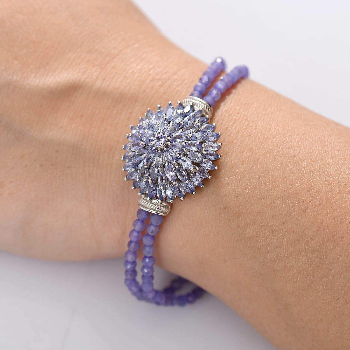 D'Joy Tanzanite 24.20 ctw Chrysanthemum Flower Bracelet in Rhodium Over Sterling Silver (6.50-8.0In) image number 2