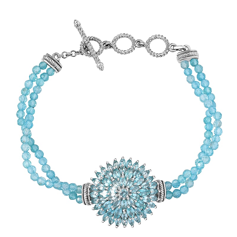 D'Joy Lagoon Apatite 31.00 ctw Chrysanthemum Flower Bracelet in Rhodium Over Sterling (6.50-8.0In)