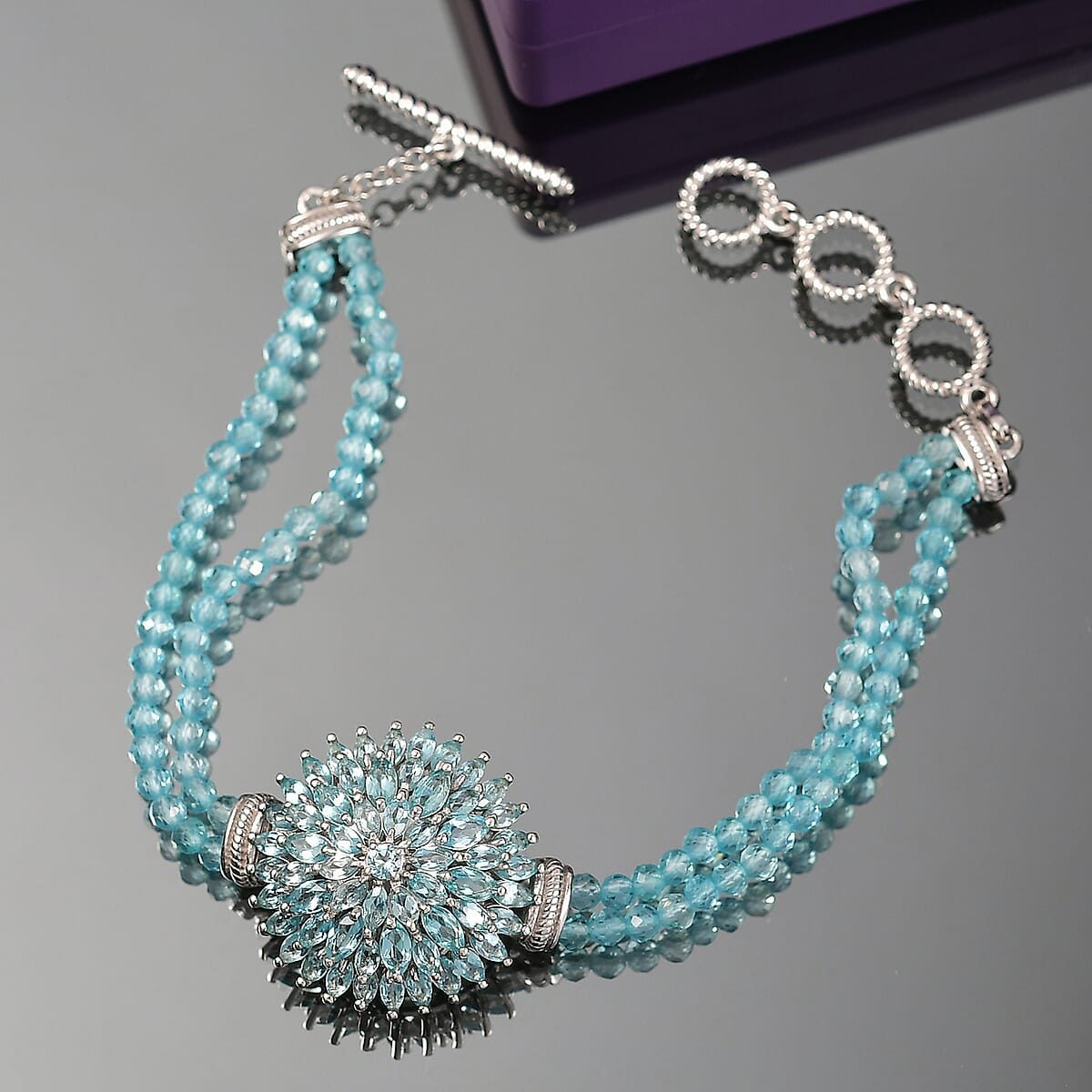 D'Joy Lagoon Apatite 31.00 ctw Chrysanthemum Flower Bracelet in Rhodium Over Sterling (6.50-8.0In) image number 1