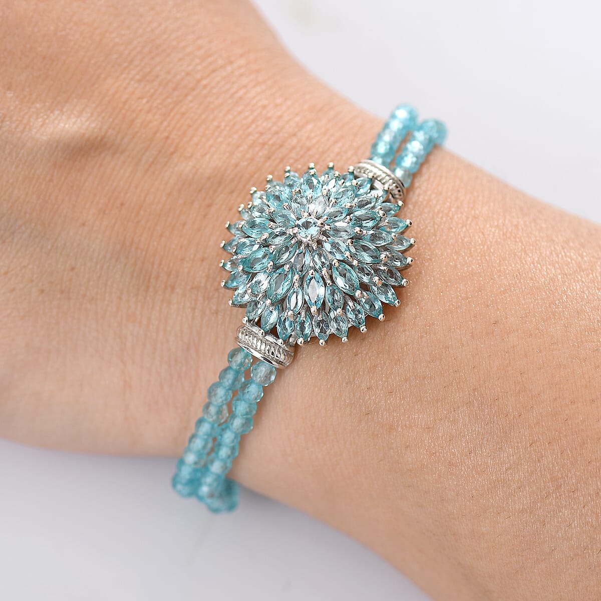 D'Joy Lagoon Apatite 31.00 ctw Chrysanthemum Flower Bracelet in Rhodium Over Sterling (6.50-8.0In) image number 2