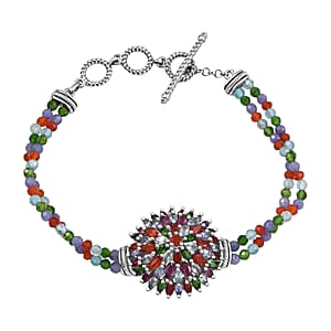 D'Joy Multi Gemstone 41.00 ctw Chrysanthemum Flower Bracelet in Rhodium Over Sterling Silve (6.50-8.0In) 