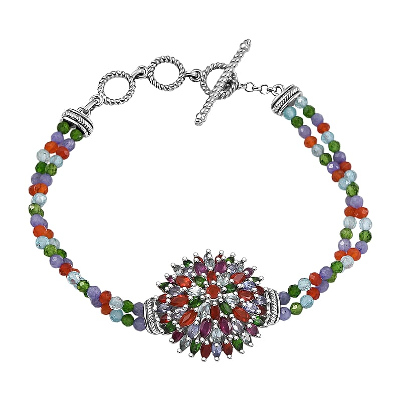 D'Joy Multi Gemstone 41.00 ctw Chrysanthemum Flower Bracelet in Rhodium Over Sterling Silve (6.50-8.0In)