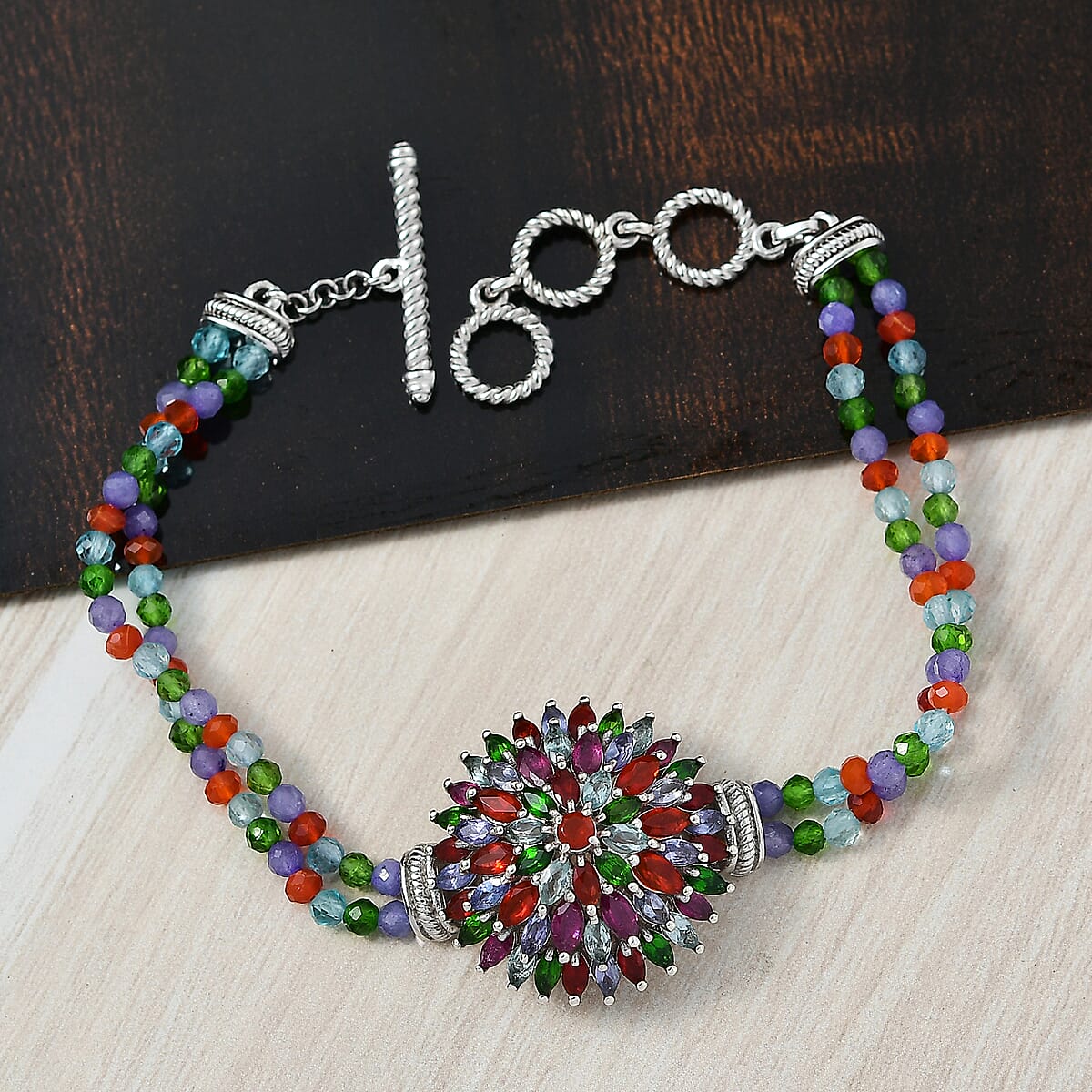 D'Joy Multi Gemstone 41.00 ctw Chrysanthemum Flower Bracelet in Rhodium Over Sterling Silve (6.50-8.0In)  image number 1