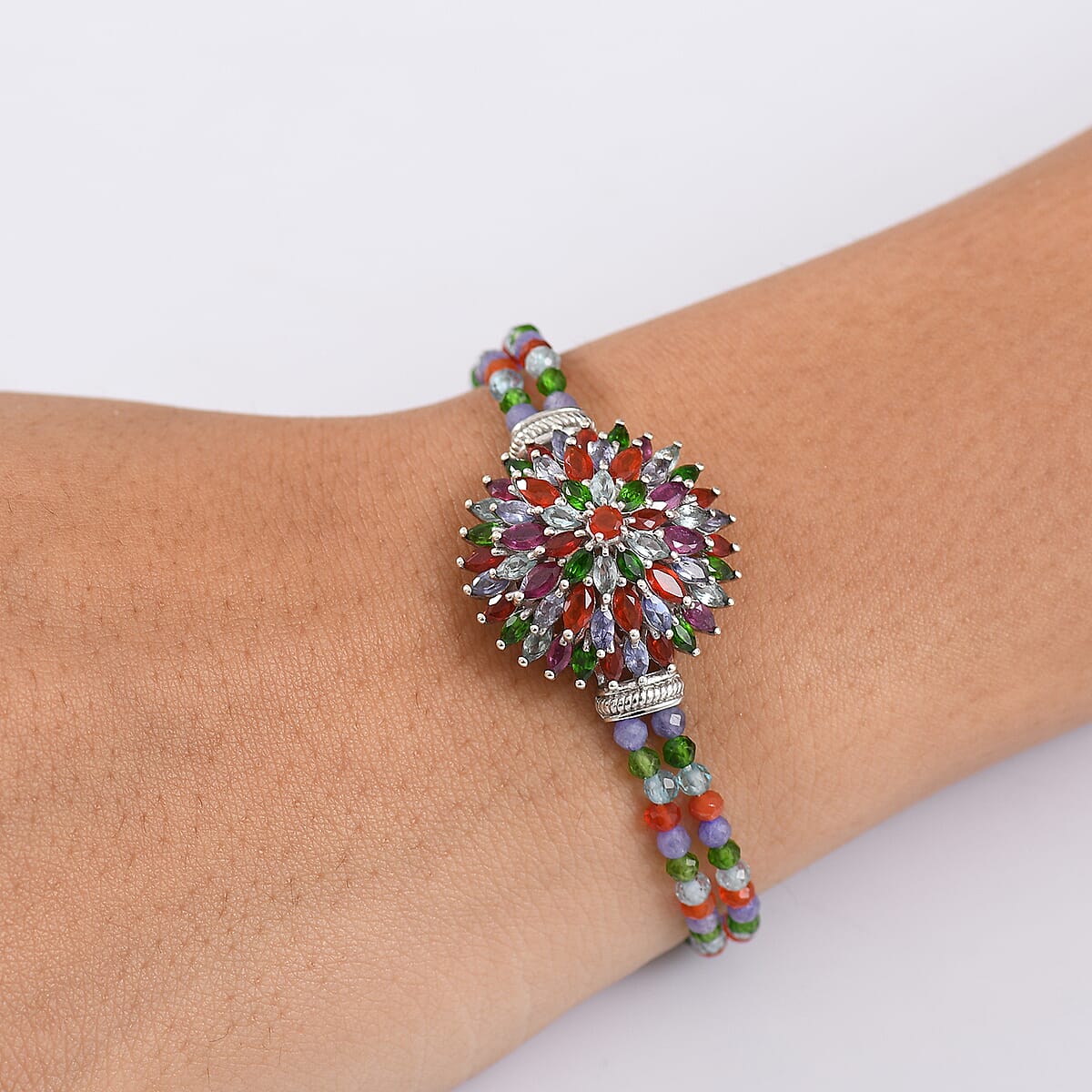 D'Joy Multi Gemstone 41.00 ctw Chrysanthemum Flower Bracelet in Rhodium Over Sterling Silve (6.50-8.0In)  image number 2