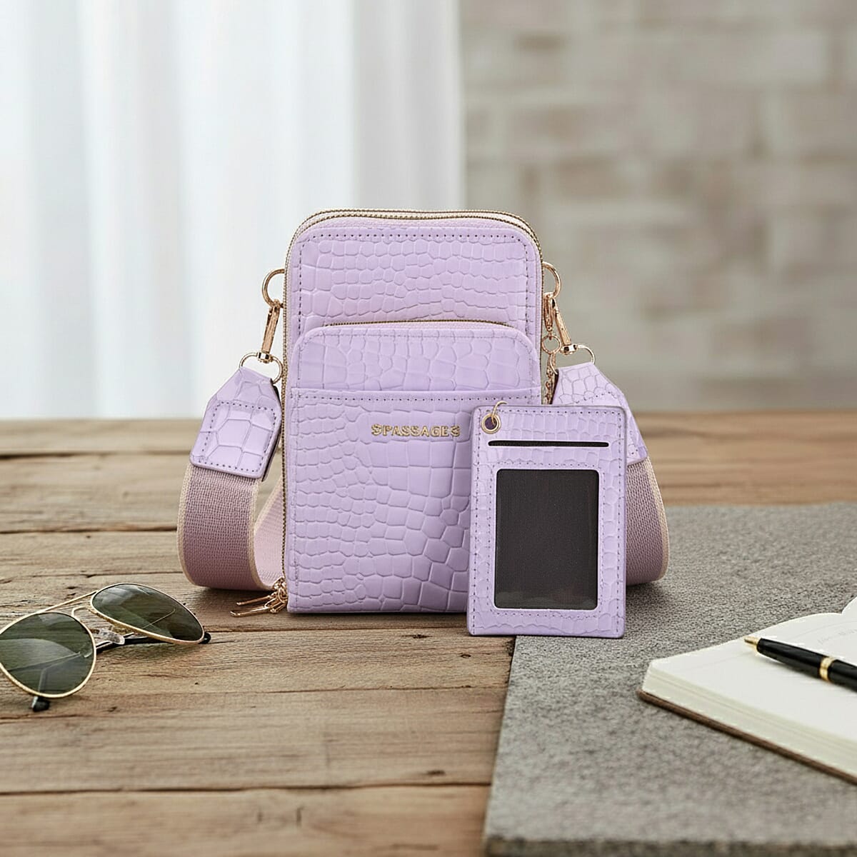 Passage Light Purple Crocodile Embossed Faux Leather Crossbody Bag (4.3"x2.8"x7") with Shoulder Strap 47 Inches image number 1