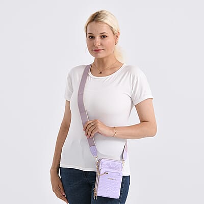 Passage Light Purple Crocodile Embossed Faux Leather Crossbody Bag with Shoulder Strap 47 Inches