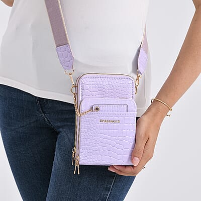 Passage Light Purple Crocodile Embossed Faux Leather Crossbody Bag with Shoulder Strap 47 Inches