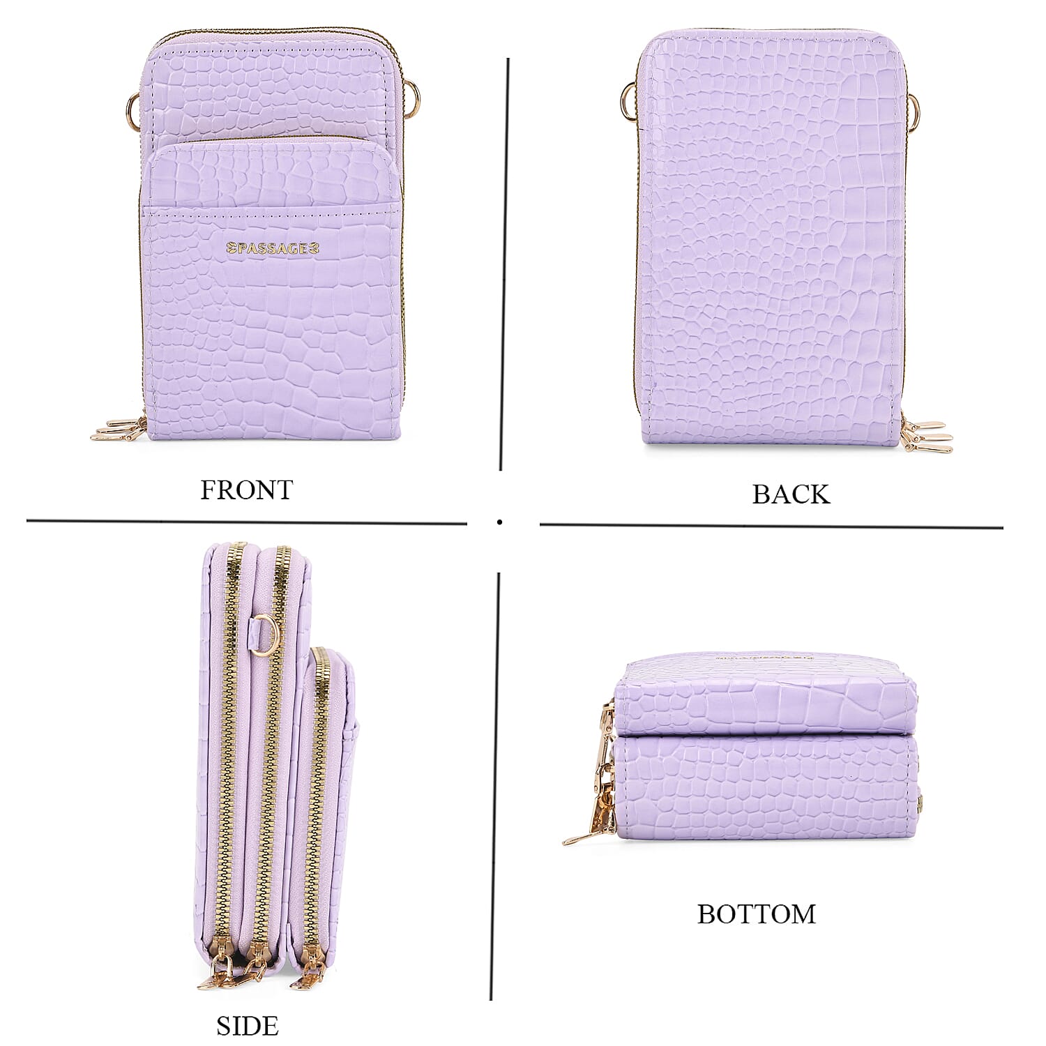 Passage Light Purple Crocodile Embossed Faux Leather Crossbody Bag with Shoulder Strap 47 Inches