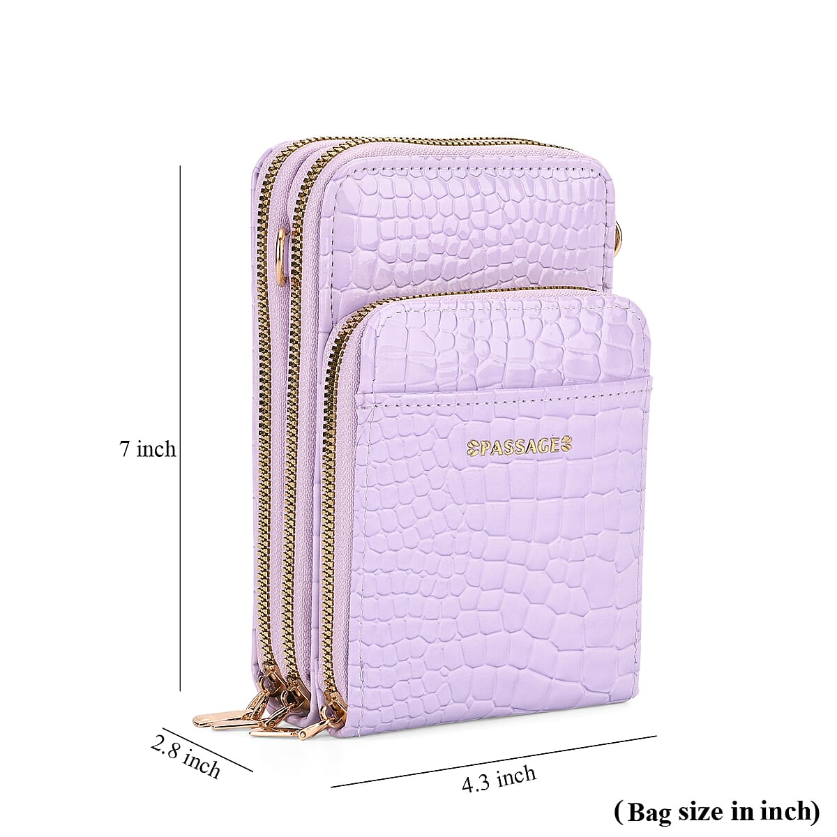 Passage Light Purple Crocodile Embossed Faux Leather Crossbody Bag (4.3"x2.8"x7") with Shoulder Strap 47 Inches image number 8