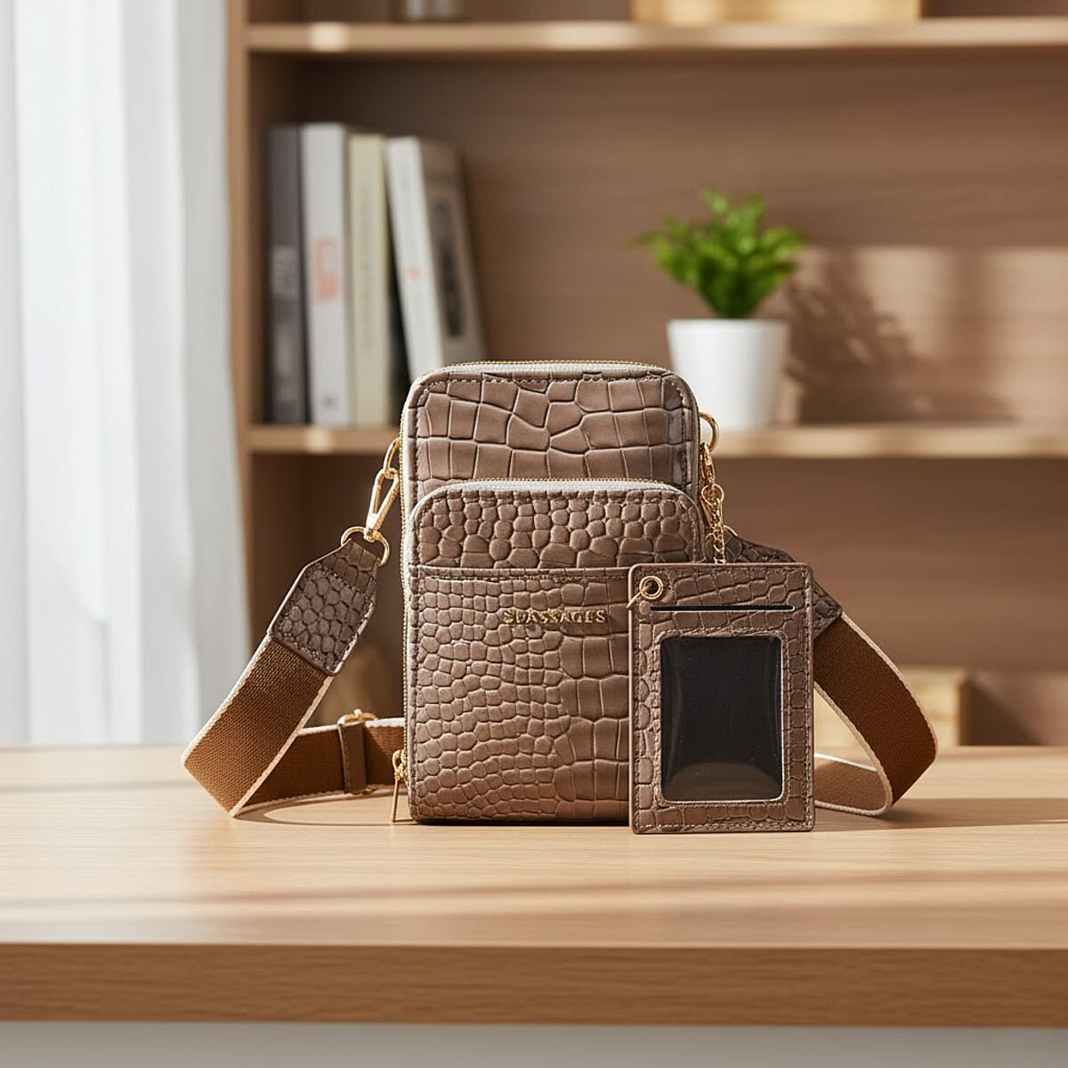 Passage Grey Crocodile Embossed Faux Leather Crossbody Bag with Shoulder Strap 47 Inches image number 1