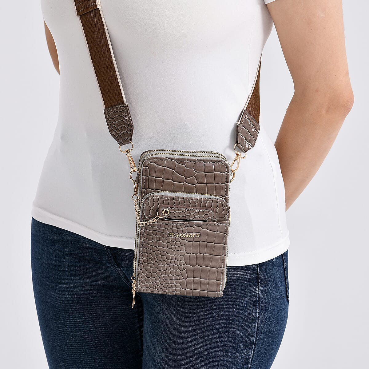Passage Grey Crocodile Embossed Faux Leather Crossbody Bag with Shoulder Strap 47 Inches image number 3
