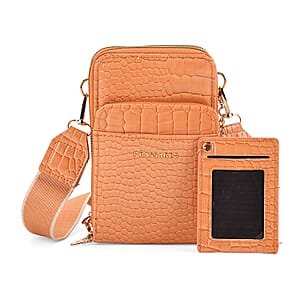 Passage Orange Crocodile Embossed Faux Leather Crossbody Bag with Shoulder Strap 47 Inches