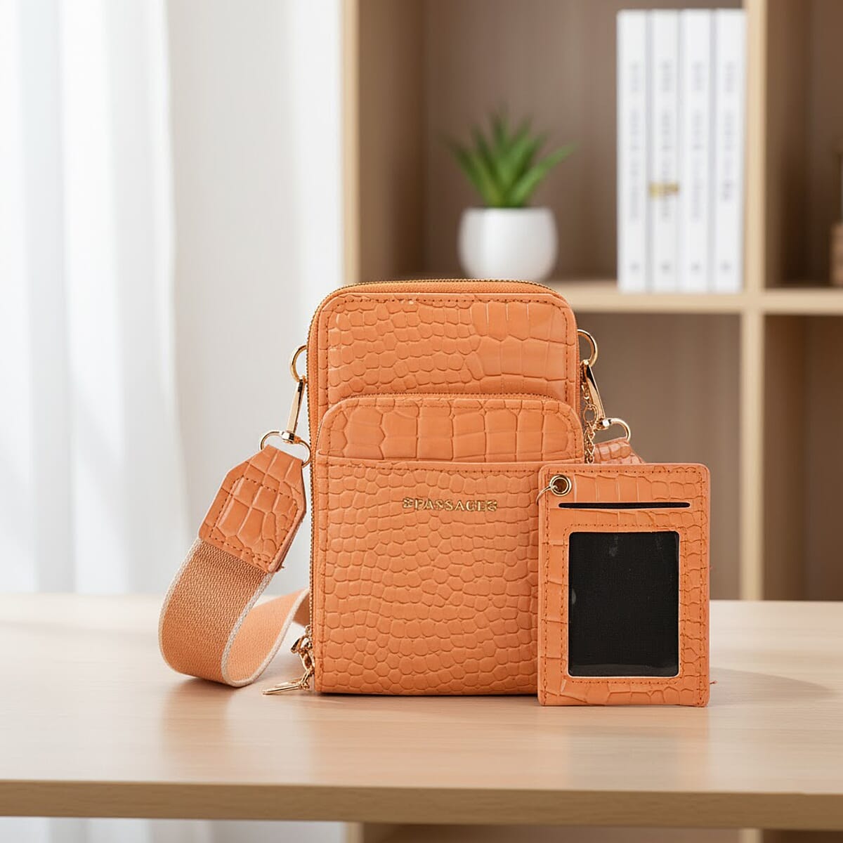 Passage Orange Crocodile Embossed Faux Leather Crossbody Bag with Shoulder Strap 47 Inches image number 1