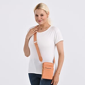 Passage Orange Crocodile Embossed Faux Leather Crossbody Bag with Shoulder Strap 47 Inches