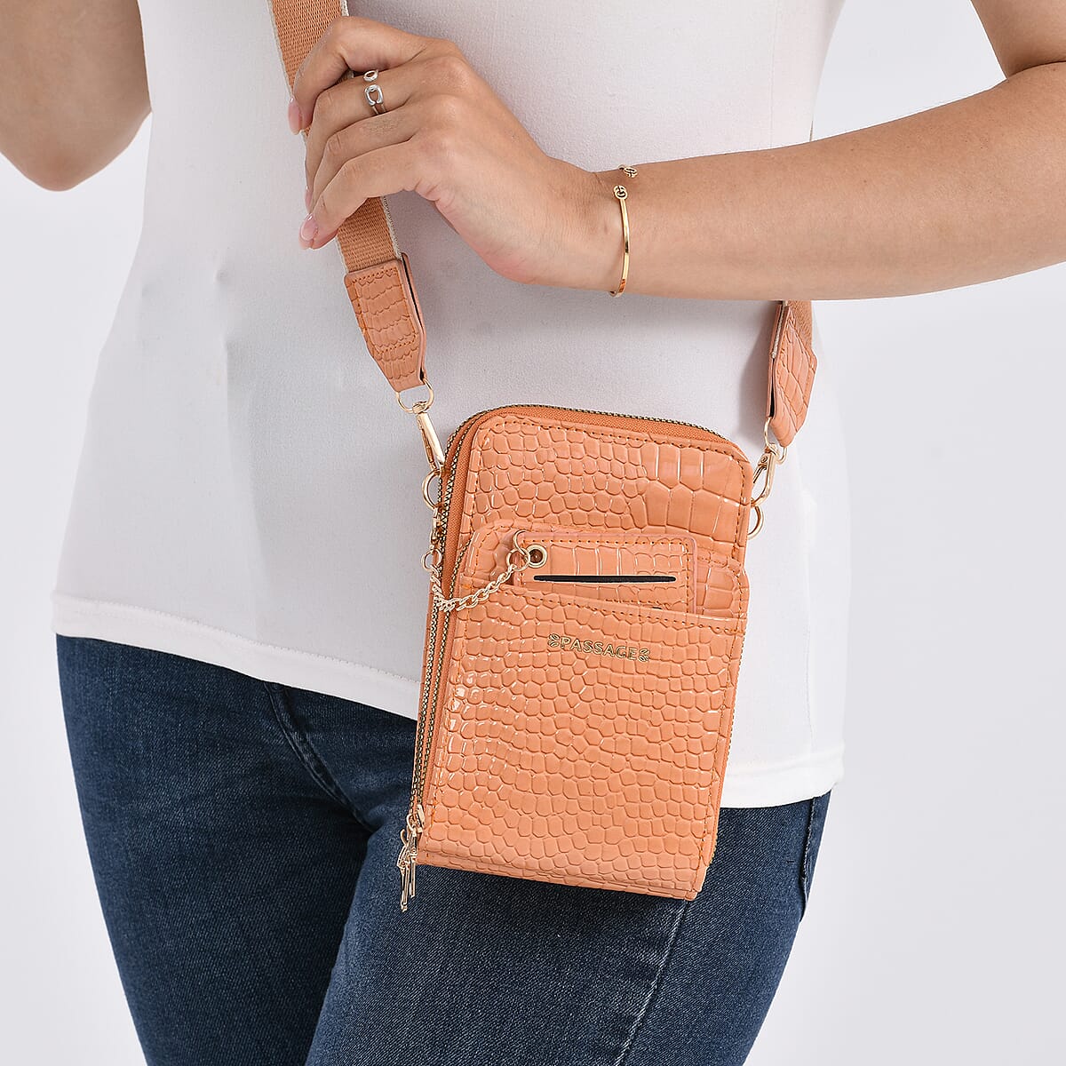 Passage Orange Crocodile Embossed Faux Leather Crossbody Bag with Shoulder Strap 47 Inches image number 3