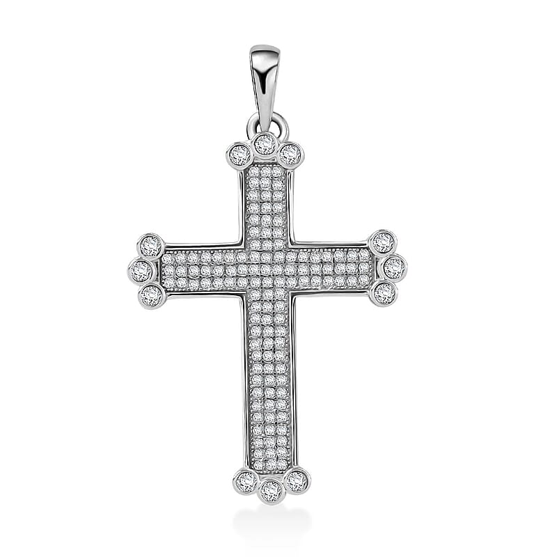 Simulated Diamond 1.40 ctw Cross Pendant without Chain in Rhodium Over Sterling Silver 