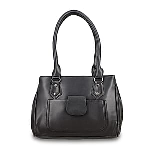 Black Faux Leather 3 Compartment Handbag with Dual Handles