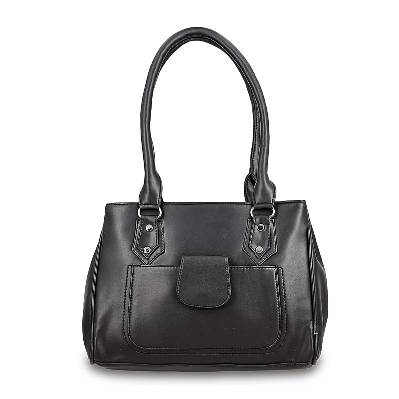 Black Faux Leather 3 Compartment Handbag with Dual Handles