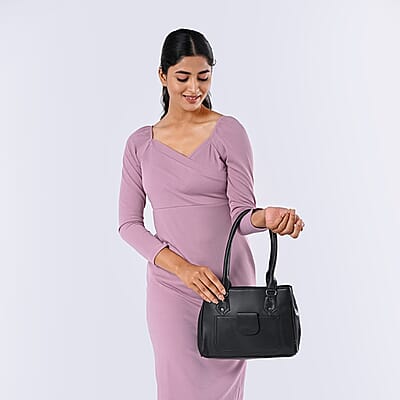 Black Faux Leather 3 Compartment Handbag with Dual Handles