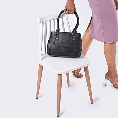 Black Faux Leather 3 Compartment Handbag with Dual Handles