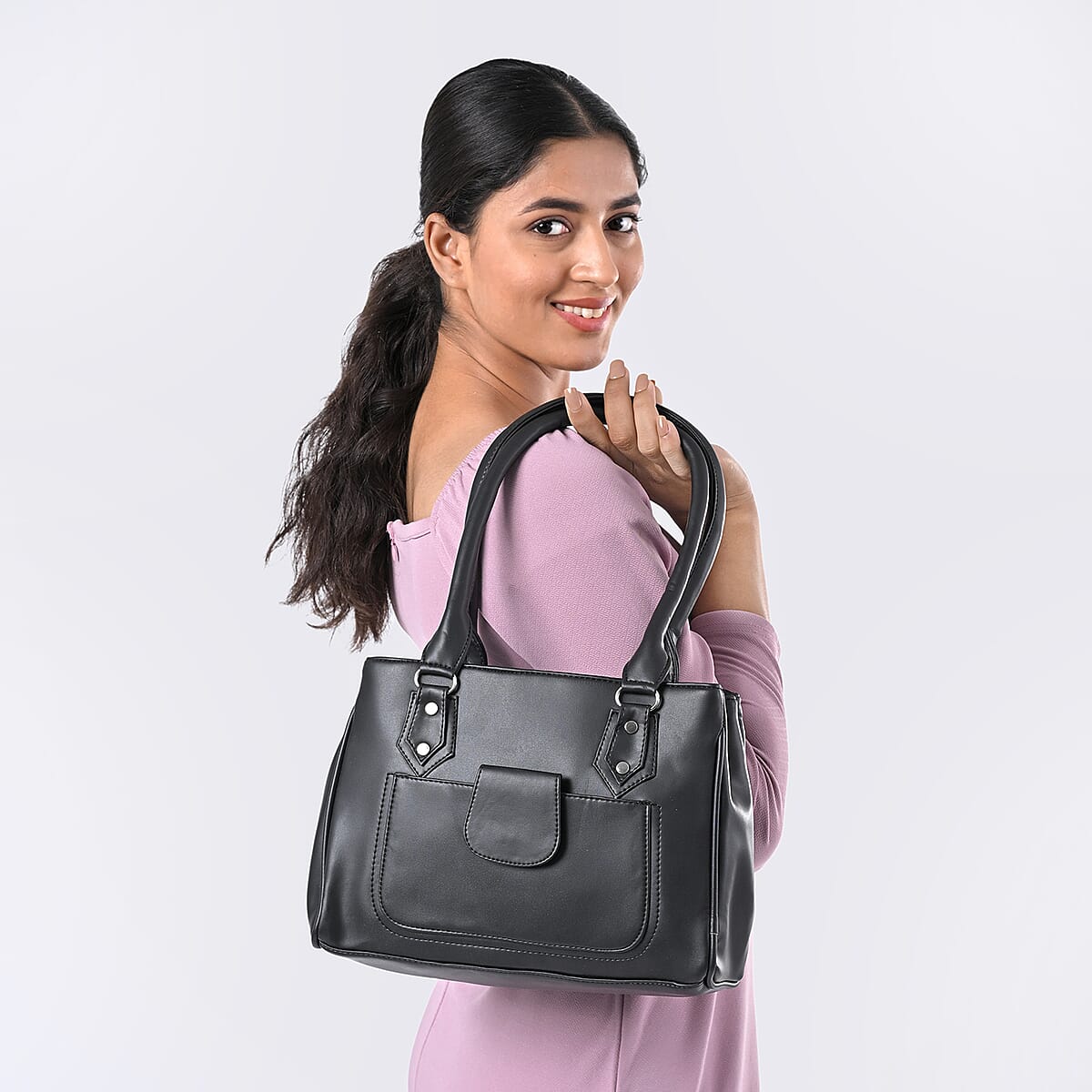 Black Faux Leather 3 Compartment Handbag with Dual Handles image number 3