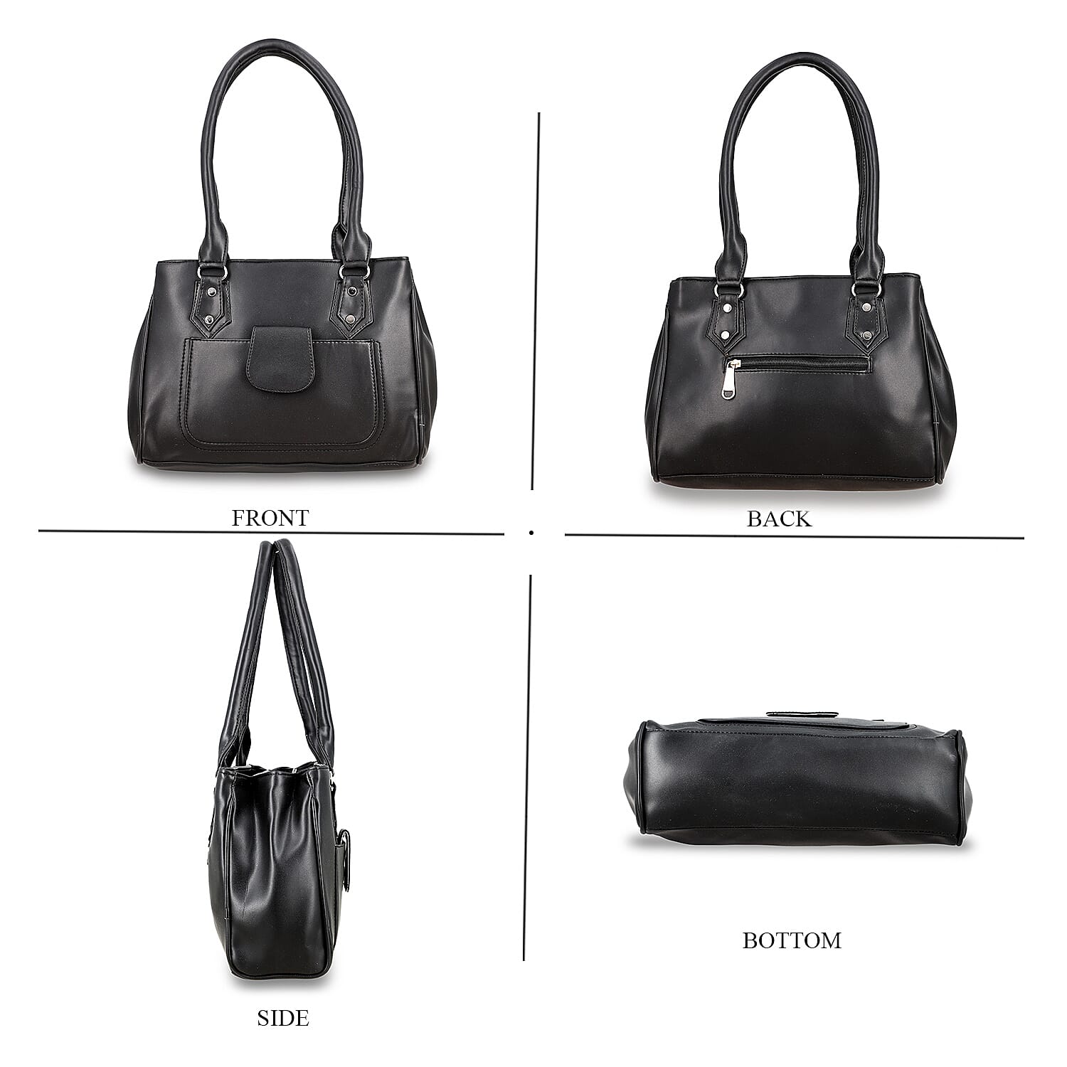 Black Faux Leather 3 Compartment Handbag with Dual Handles