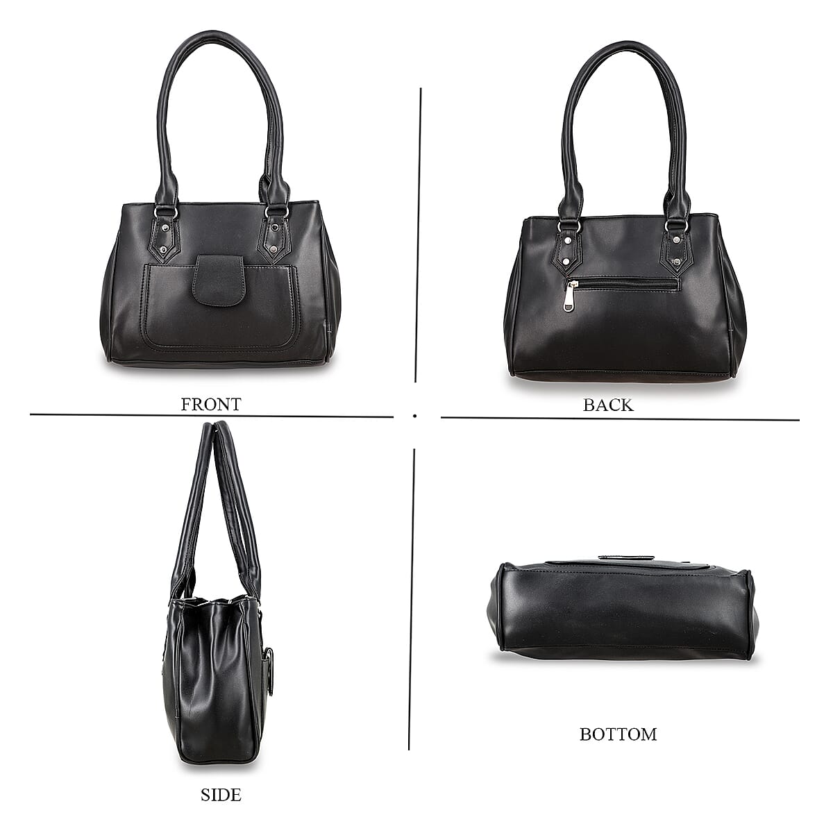 Black Faux Leather 3 Compartment Handbag with Dual Handles image number 4