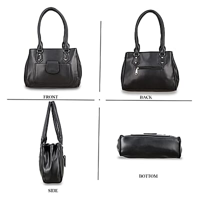 Black Faux Leather 3 Compartment Handbag with Dual Handles