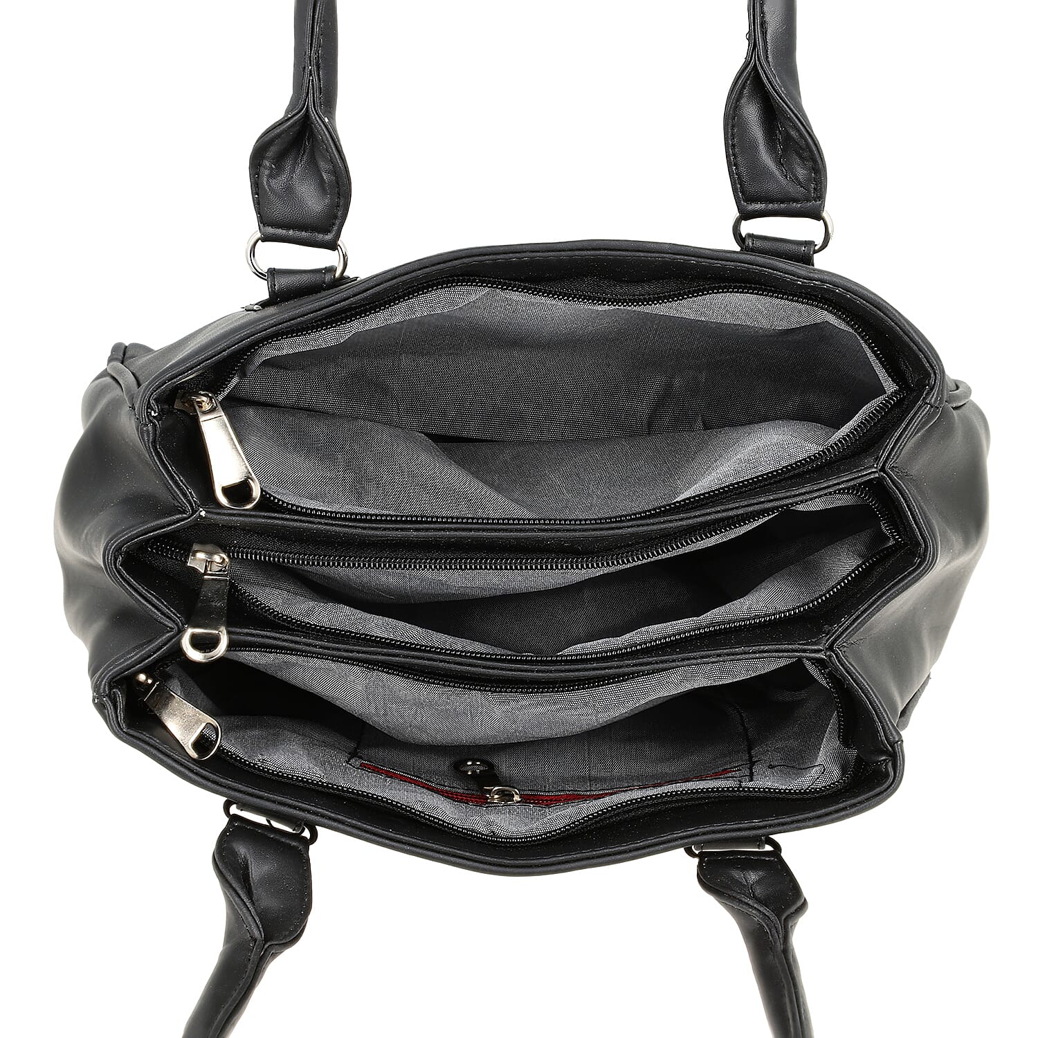 Black Faux Leather 3 Compartment Handbag with Dual Handles