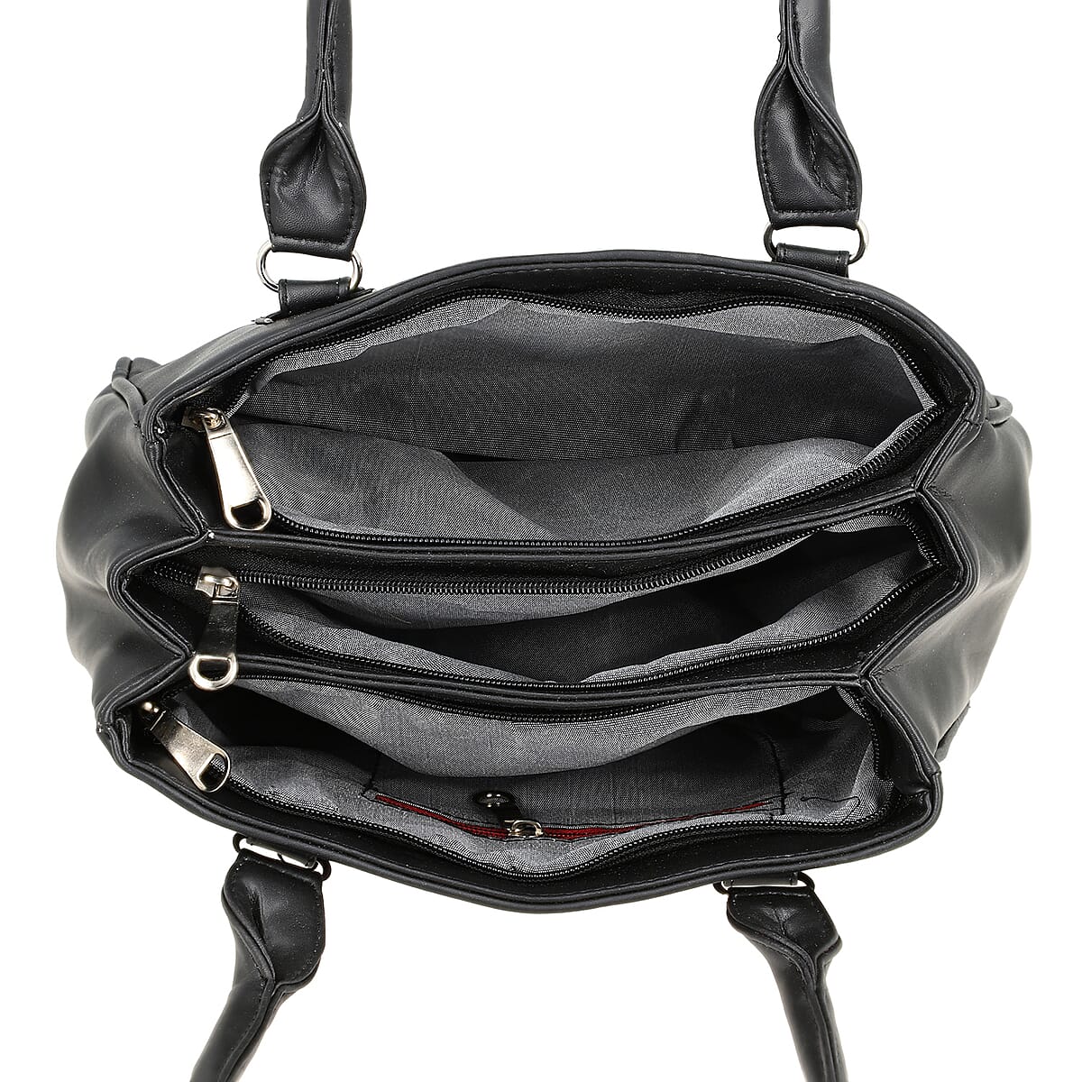 Black Faux Leather 3 Compartment Handbag with Dual Handles image number 5